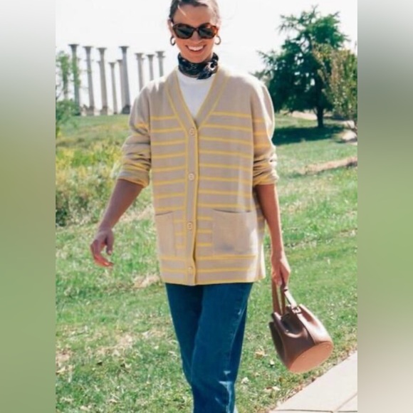 TUCKERNUCK Chai Striped Lauren Cardigan Sweater Yellow Tan